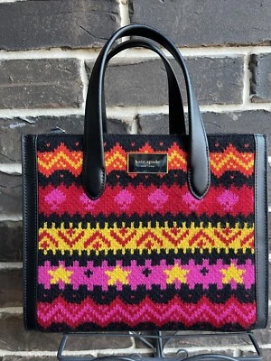 NWT $398 Kate Spade Manhattan Carnival Fair Isle Sweater Knit Tote Pink black - Image 1 of 4
