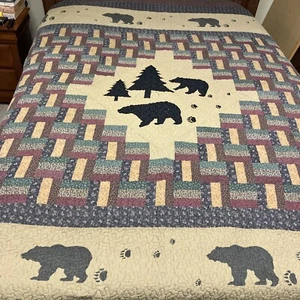 Super King 118x102 QUILT Appalachian Bear LODGE CABIN MOUNTAINS LAKE RETREAT BED - Picture 1 of 7