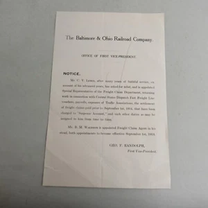 Aviso de cita de ferrocarril vintage 1914 B&O - Imagen 1 de 2