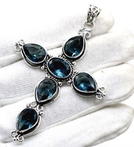 925 Sterling Silver London Blue Topaz Gemstone Jewelry Cross Pendant Size-3"