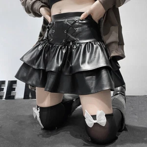 Lady Pleated Ruffle Skirt PU Faux Leather Mini Zip Gothic Punk Club Sexy Costume - Picture 1 of 12