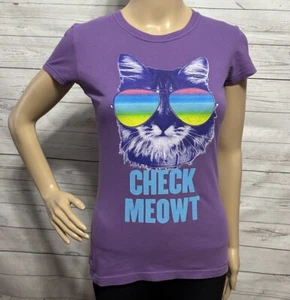 T-shirt vintage Y2k gatto XS viola gattino aviatore occhiali da sole check meowt maglietta - Foto 1 di 12