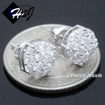 MEN WOMEN 925 STERLING SILVER BLING MOISSANITE 9MM 3D ROUND STUD EARRING*ME261 - Image 1 of 4