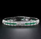 Simulated Green Emerald and Diamond Art Deco Tennis Bracelet 925 Sterling Silver
