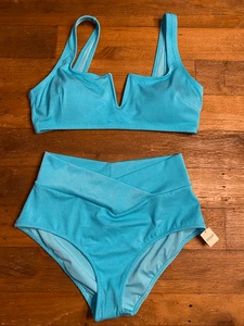 Aerie L/XL NWT bikini set blue scoop top Crossover High Waisted bottom - Picture 1 of 7