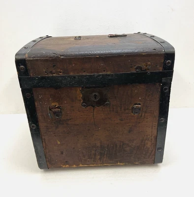 Vintage STEAMER TRUNK Small chest storage box antique decor brown victorian old - Image 1 of 4