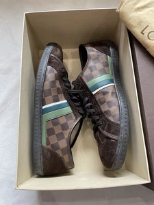 Louis Vuitton Brown Suede And Damier Ebene Punchy Ace Low Top Sneakers Size 12 - Picture 1 of 12