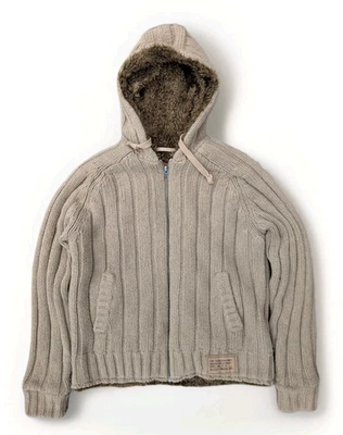 Mens Schott NYC Heavy Knit Wool Blend Faux Fur Lined Hoodie Sweater Jacket L - Image 1 of 4