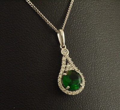 585 Weissgold 14 Karat Gold Kette Anhaenger Zirkonia klar und smaragd Tropfen - Bild 1 von 2