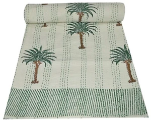 Manta de cama hecha a mano de algodón indio Kantha edredón estampado de palmera - Imagen 1 de 5
