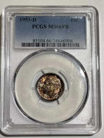 1953 D Dimes Roosevelt PCGS MS-66 FB Rainbow Toning Cover