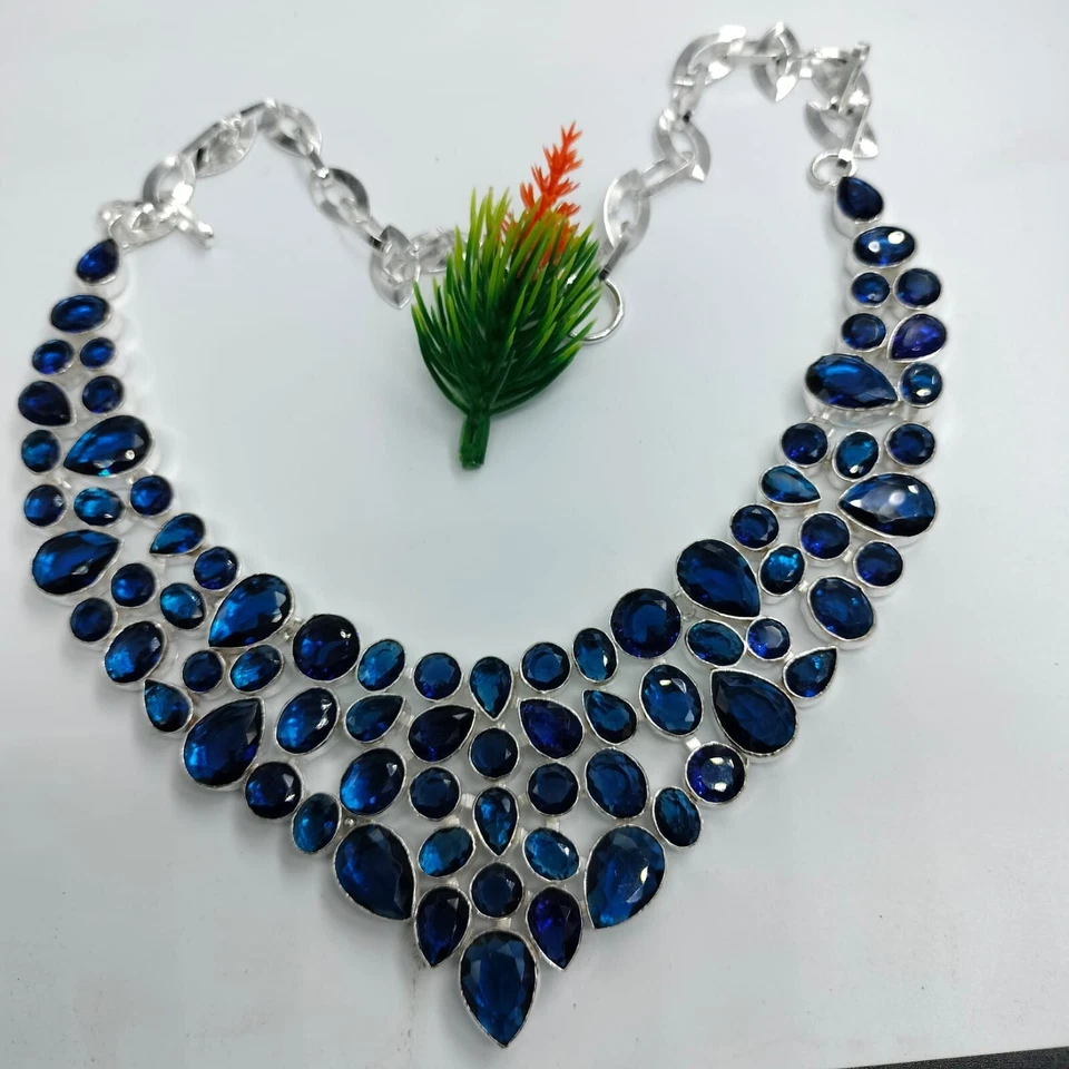 Gargantilla ajustable chapado en plata con piedras preciosas de cuarzo zafiro joyería 18" Foto 1 de 2