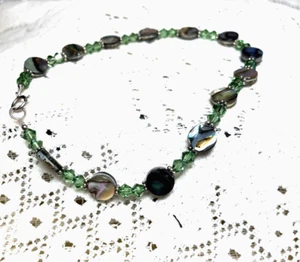 HANDMADE STERILING SILVER ABALONE SHELL WITH GREEN CRYSTALS ANKLET - Picture 1 of 4
