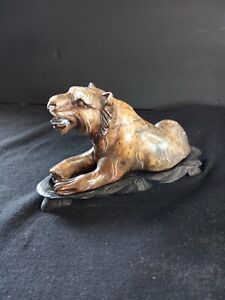  Carved Stone Tiger Statue on Hard Wood Stand