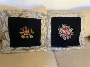 SET OF 2 NEEDLE POINT ROSES PILLOW COVERS WITH PARIS BACKGROUND FABRIC - Picture 1 of 7