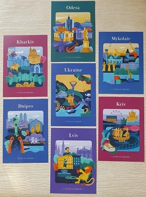 Ciudades de Ucrania, CONJUNTO de 7 postales artísticas ilustradas por Anna Maksimenko, 2022 Foto 1 de 2
