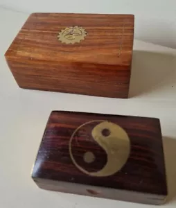 2x Miniature Wooden Boxes Pill Trinket Stamp 1 is Inlaid Brass Ying Yang - Picture 1 of 10