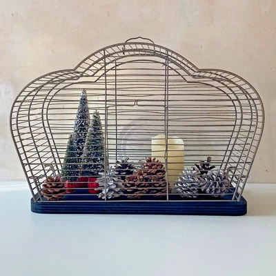 Ancienne Cage à Oiseaux Art Déco en Tiges Métal sur Socle en Bois - Photo 1/4