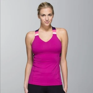 Camiseta sin mangas LULULEMON rosa frambuesa púrpura rayas push ur límites entrenamiento UK8 *EN MUY BUENA CONDICIÓN* - Imagen 1 de 5