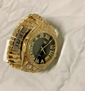 Techno Pavé Iced-Out 9120X Men's Gold-Plated Metal Quartz Analog Wristwatch NEW - Picture 1 of 7