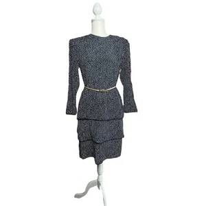 vintage 90s Karin Stevens Women's cascade Polka Dot midi dress sz 12 navy blue - Picture 1 of 11