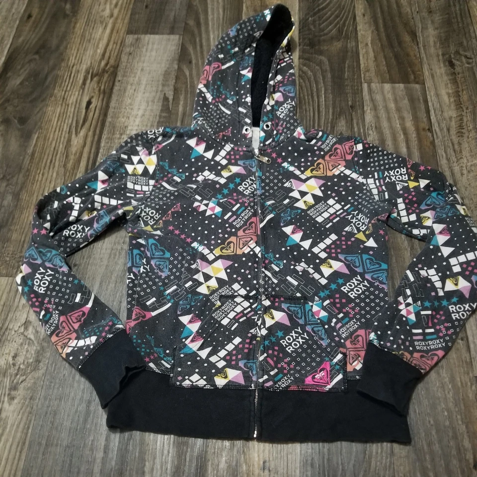 Roxy Vintage Junior's Pullover Hoodie Large Aop Multicolored Sherpa Hood - Image 1 of 4