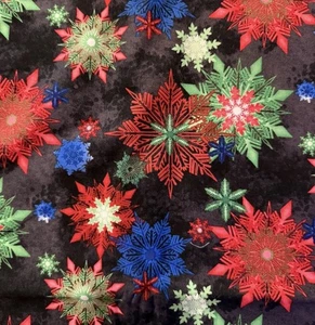 SPARKLE Connie Haley Studio E Christmas Fabric Colorful Snowflakes 44” BTY - Picture 1 of 4