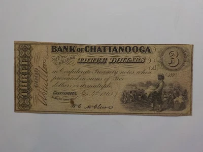 Civil War Confederate 1863 3 Dollar Bill Bank Of Chattanooga Tennessee Money VTG - Image 1 of 2
