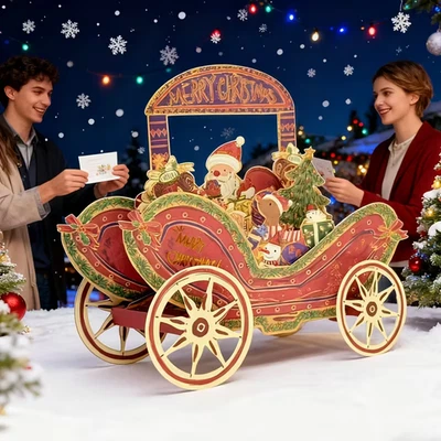 4 Pk Christmas Pop Up Cards Christmas Village, Santa's Gift Sleigh, Train, Everg - Image 1 of 4