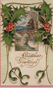 Stechpalme um Gold vergoldet malerisch eingesetzte Brücke Schnee Weihnachtsgrüße Postkarte - Bild 1 von 2