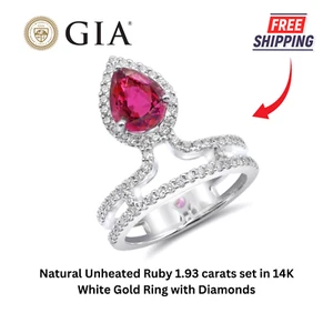 Natural Unheated Ruby 1.93 carats set in 14K White Gold Ring with Diamonds - Picture 1 of 6