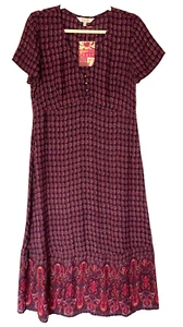 MONSOON Dress 12 Maroon Floral Block Print Short Sleeves V Neckline BNWT - Picture 1 of 14