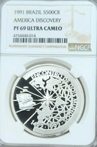 1991 BRAZIL SILVER 500 CRUZEIROS AMERICA DISCOVERY NGC PF 69 ULTRA CAMEO TOP - Picture 1 of 4