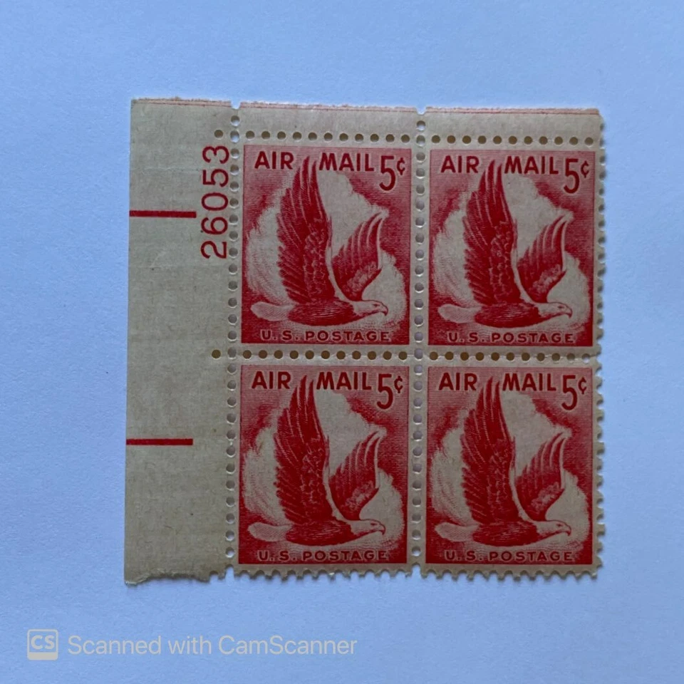 US STAMP BKL  OF 4 	AIR MAIL 5 CENTS US POSTAGE, RED EAGLE 	PL #	,,  - Image 1 of 1