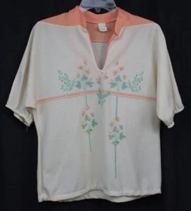 Vtg Polyester Shirt Top Blouse 70s 60s Retro Mod Floral Perky Peach Pullover 18 - Picture 1 of 7