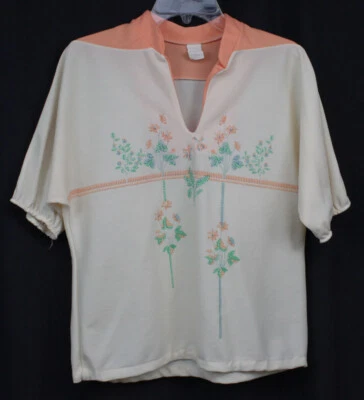 Vtg Polyester Shirt Top Blouse 70s 60s Retro Mod Floral Perky Peach Pullover 18 - Image 1 of 4