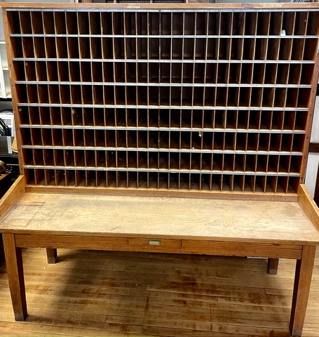 Antique Post Office Mail Sorting Cabinet Solid Oak Desk w/ 208 Compartments Cover