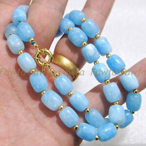 9x11mm Blue Brazilian Aquamarine Natural Gemstone Column Beads Necklaces 16-48''