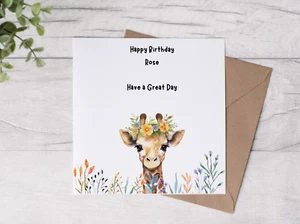 Giraffe personalised Birthday card, Happy Birthday, hand designed - Picture 1 of 4