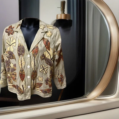 Chaqueta De Colección Índigo Luna Beige Brocado Apliques Hojas Flores Lentejuelas Artística Talla 1X Foto 1 de 4