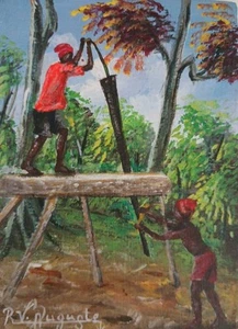 Original Haiti Painting WORKING FARMERS acrylic On Board By Auguste 7"x 5" NEW - Picture 1 of 6