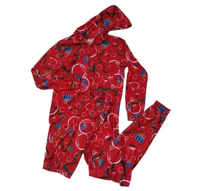 Pijama con Capucha Rojo Navidad Una Pieza Unisex Mediano AOP Con Adornos Campanas Foto 1 de 4