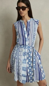NEW REISS Florence Tile Print Belted blue white Print Dress Size 6 US $290 - Picture 1 of 7