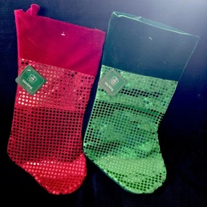 Vintage 2x Foil Dot Christmas House Stockings Socks Red Green Sparkle Bling 17" - Picture 1 of 14