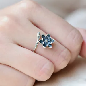 Anillo Abierto de Plata Flor de Loto Azul Mujeres Estilo Retro Dama Prevenir Alergias - Imagen 1 de 10