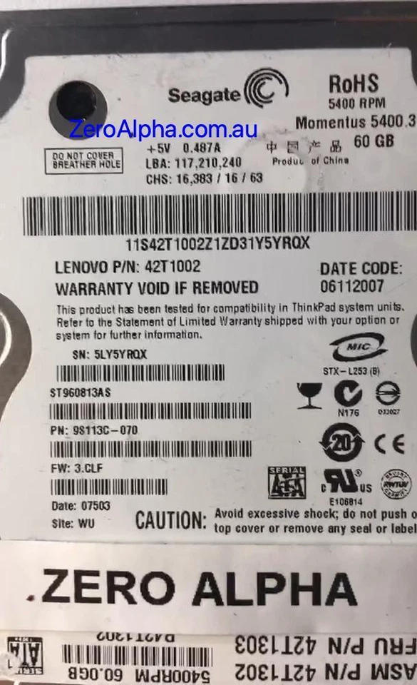 ST960813AS, ST960813AS, 3.CLF, WU, 5LY5 Seagate Data Recovery Donor Hard Drive - Image 1 of 1