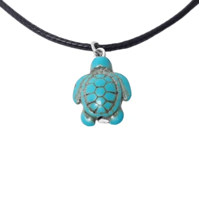 Collana nera con ciondolo Tartaruga marina Turchese Acciaio caucciu Uomo e Donna - Immagine 1 di 2