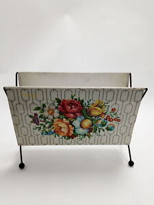 Vintage Retro Magazine Rack In White And Floral Print With Metal Leg Stands