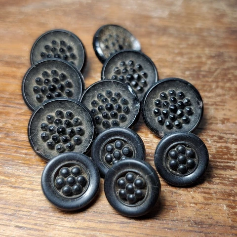 Lot of 11 Antique Ornate Black Thermal Plastic Clothing Buttons 1/2" & 5/8" Cover