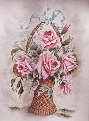 Оригинальная Художественная Современная Картина Цветок ПЫЛЬНЫЙ РОЗОВЫЙ ВИНТАЖНЫЙ Роза Цветочный Подписанный A4 - Изображение 1 из 4